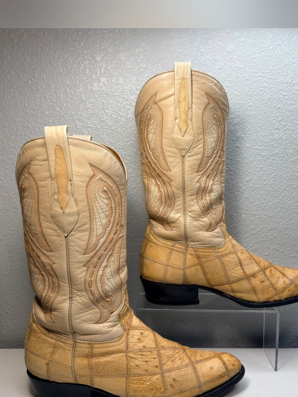 Vintage ARANGO Genuine Ostrich Patchwork R Toe WESTERN BOOTS Mens 9.5 D mex 28.5